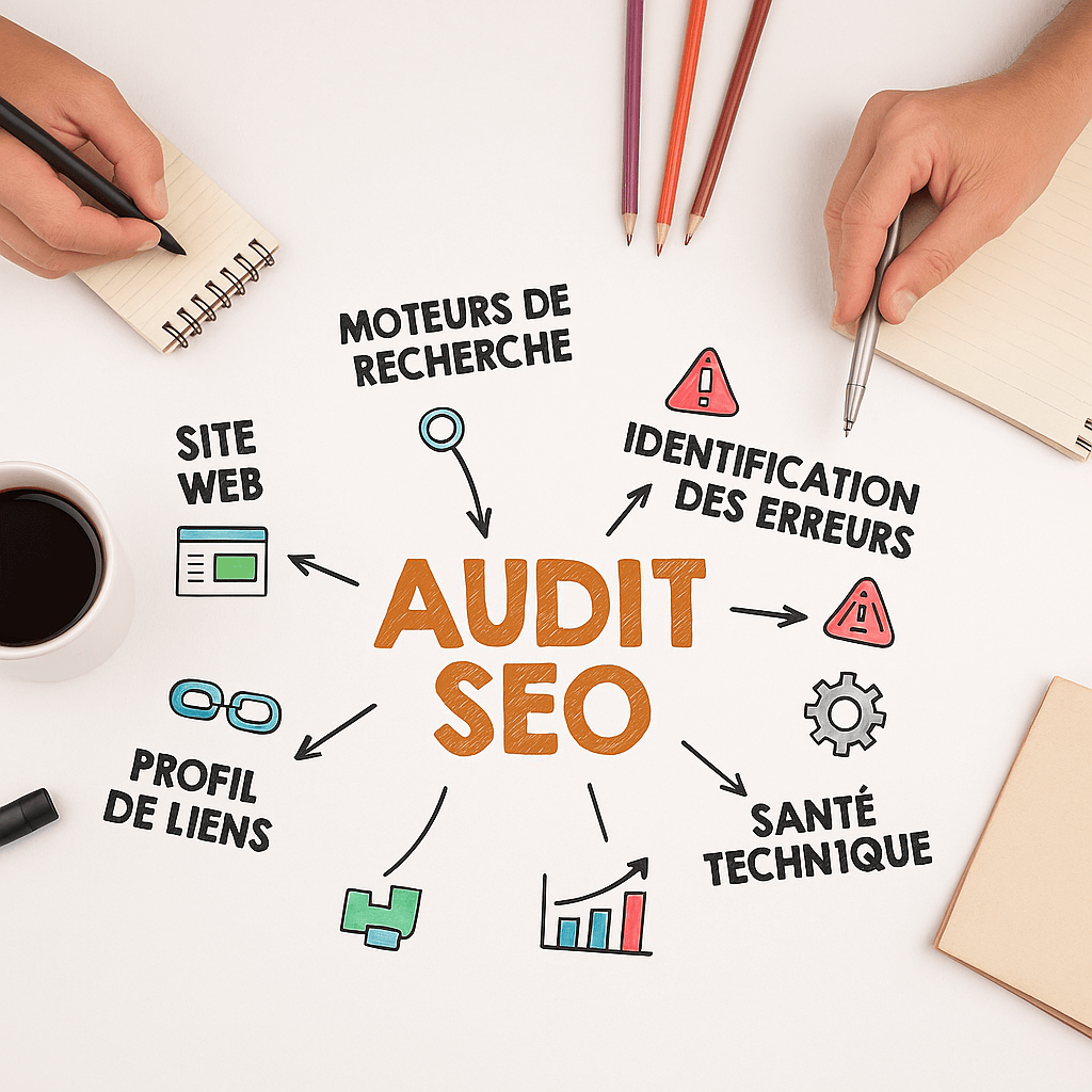 Schéma d'un audit SEO : site web, moteurs de recherche, erreurs, santé technique, profil de liens