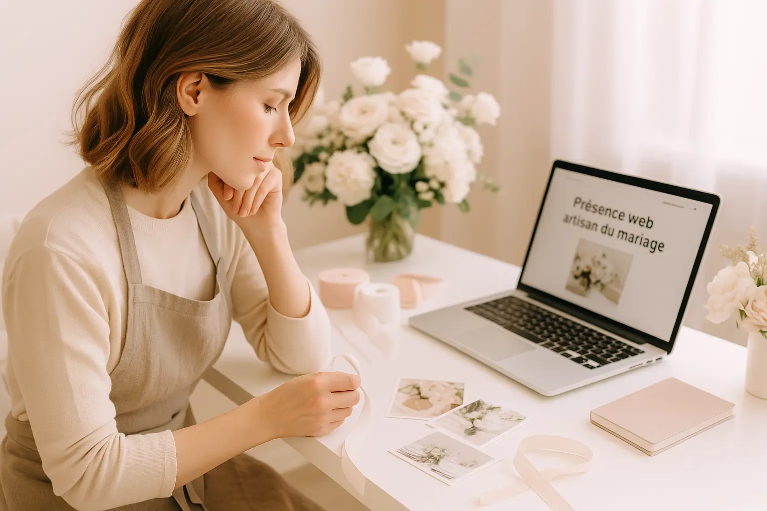 Artisan du mariage concentrée à son bureau, travaillant sur des éléments de décoration, avec un ordinateur affichant un site web professionnel.