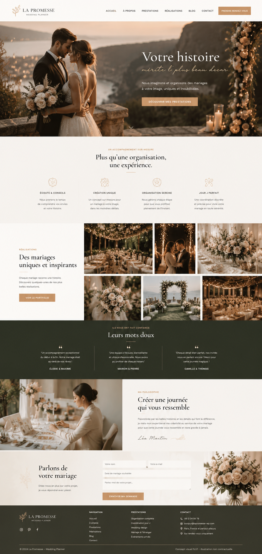 Exemple visuel non contractuel de page d'accueil pour wedding planner