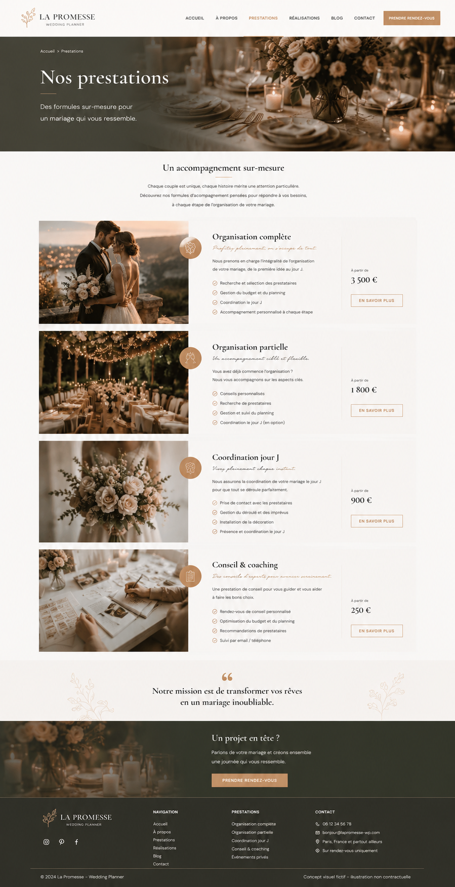 Exemple visuel non contractuel de page prestations pour wedding planner