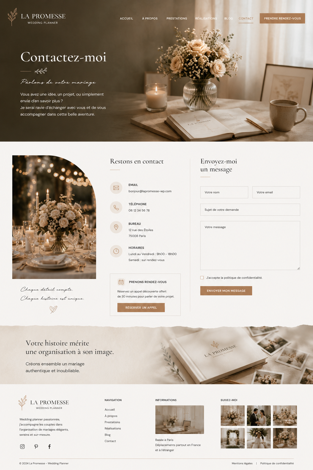 Exemple visuel non contractuel de page contact pour wedding planner